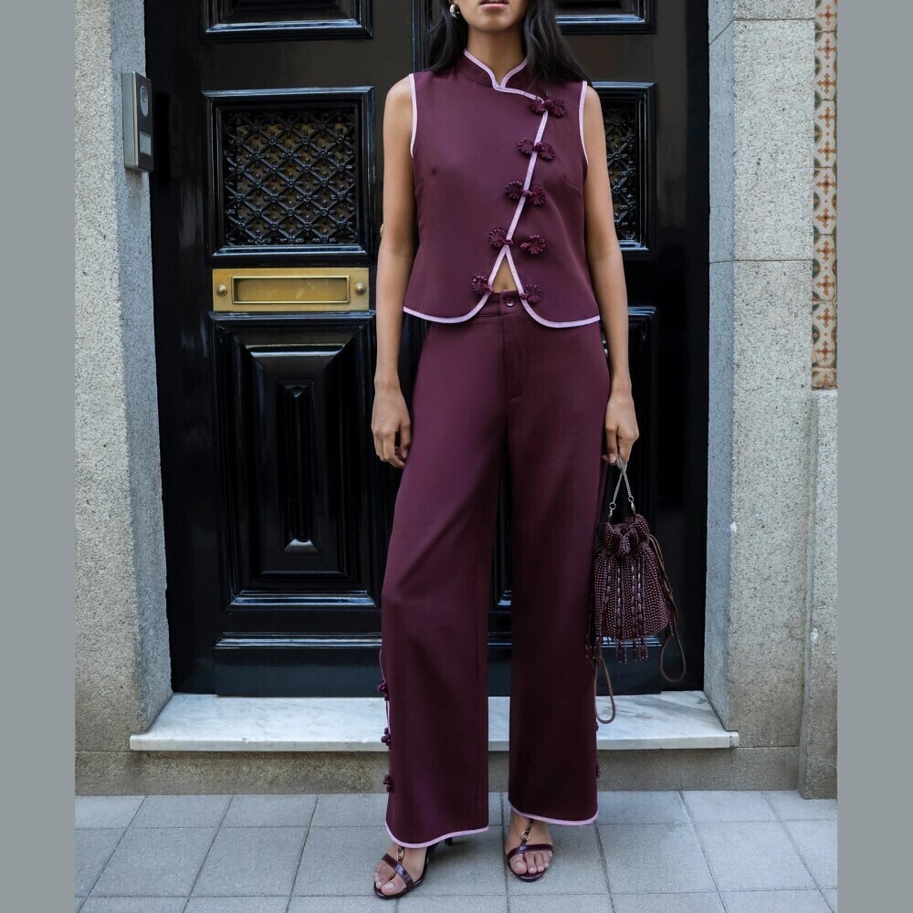 Plum Frog Button Contrast Trim Mandarin Collar Vest Top and Pants Pantsuit Set